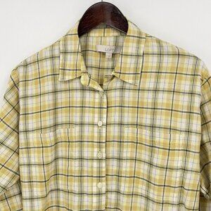 LOFT Ann Taylor Women's Button Up Top Shirt M Medium Plaid Yellow Gray NWT